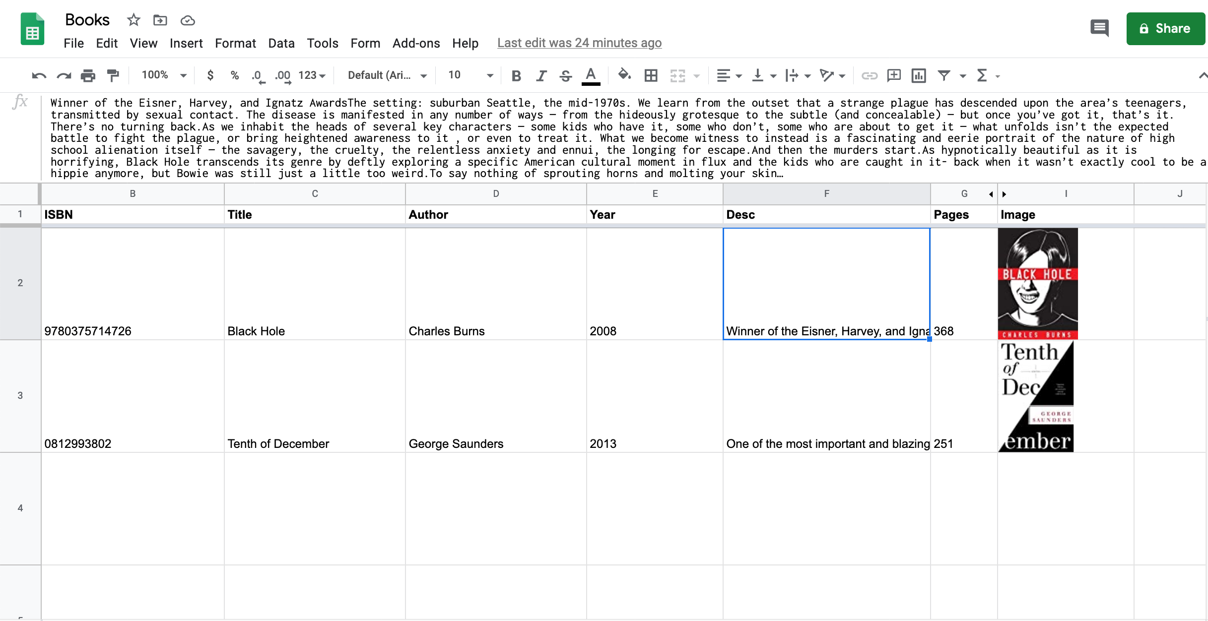 google sheet with goodreads data